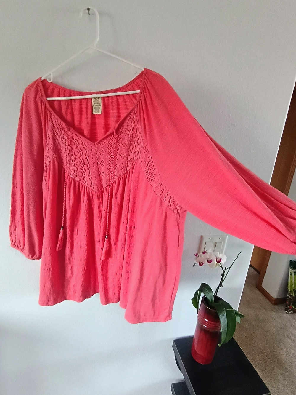 Faded Glory 4X Coral Boho Peasant Top Crochet Lace Tassel Plus Size Blouse
